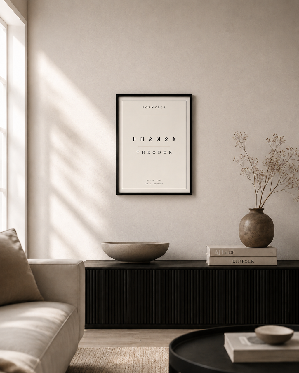 Personalized Elder Futhark name print in a Nordic interior