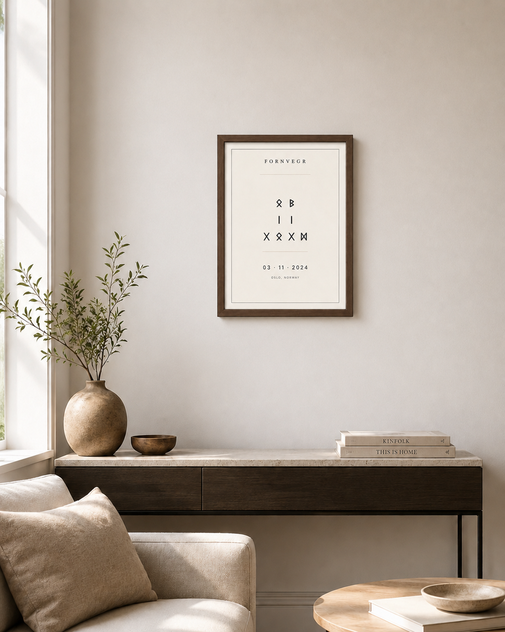 Fornvegr birth date marker print with symbolic Elder Futhark digits