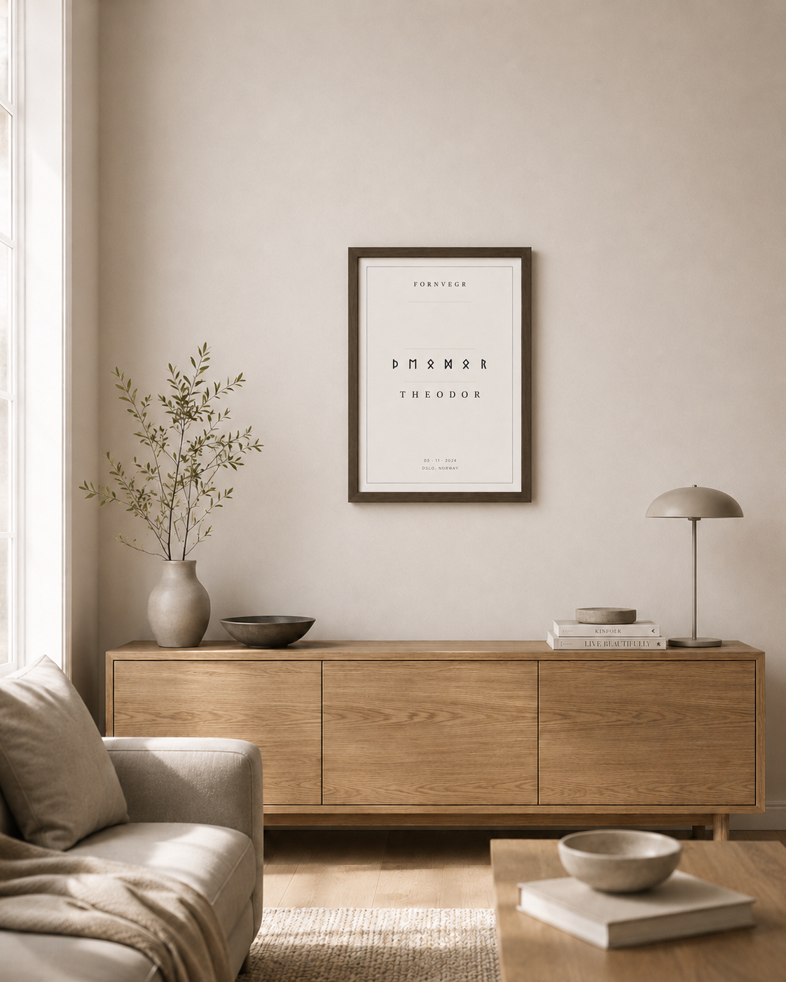 Fornvegr personalized name print mockup with Elder Futhark runes