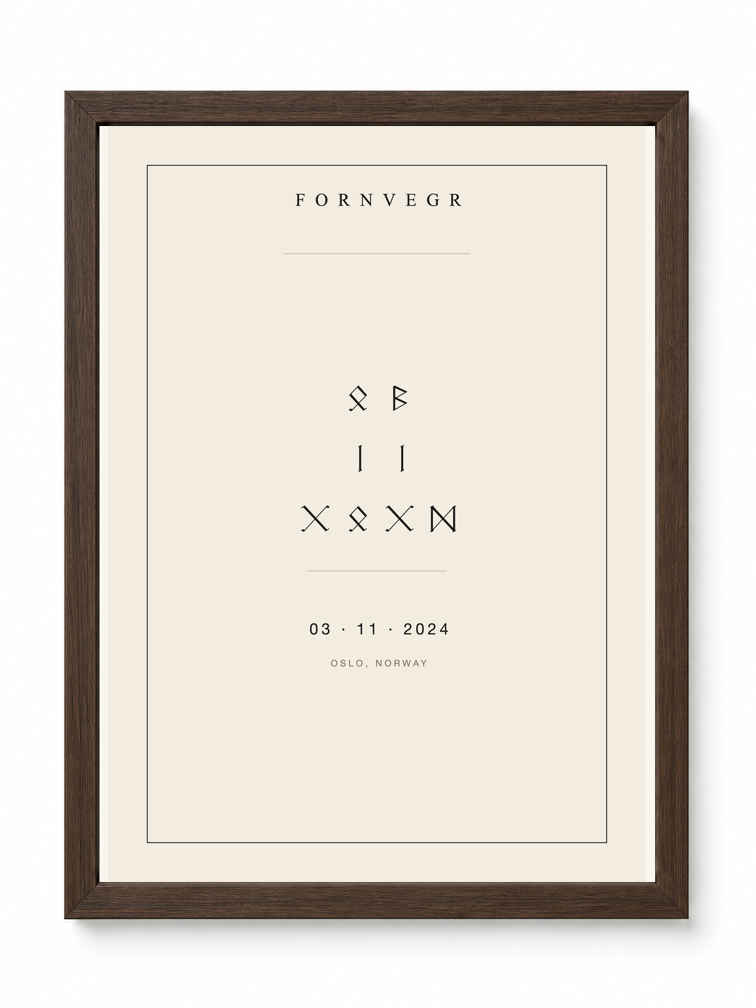Personalized Runic Birth Marker in a clean dark wood frame