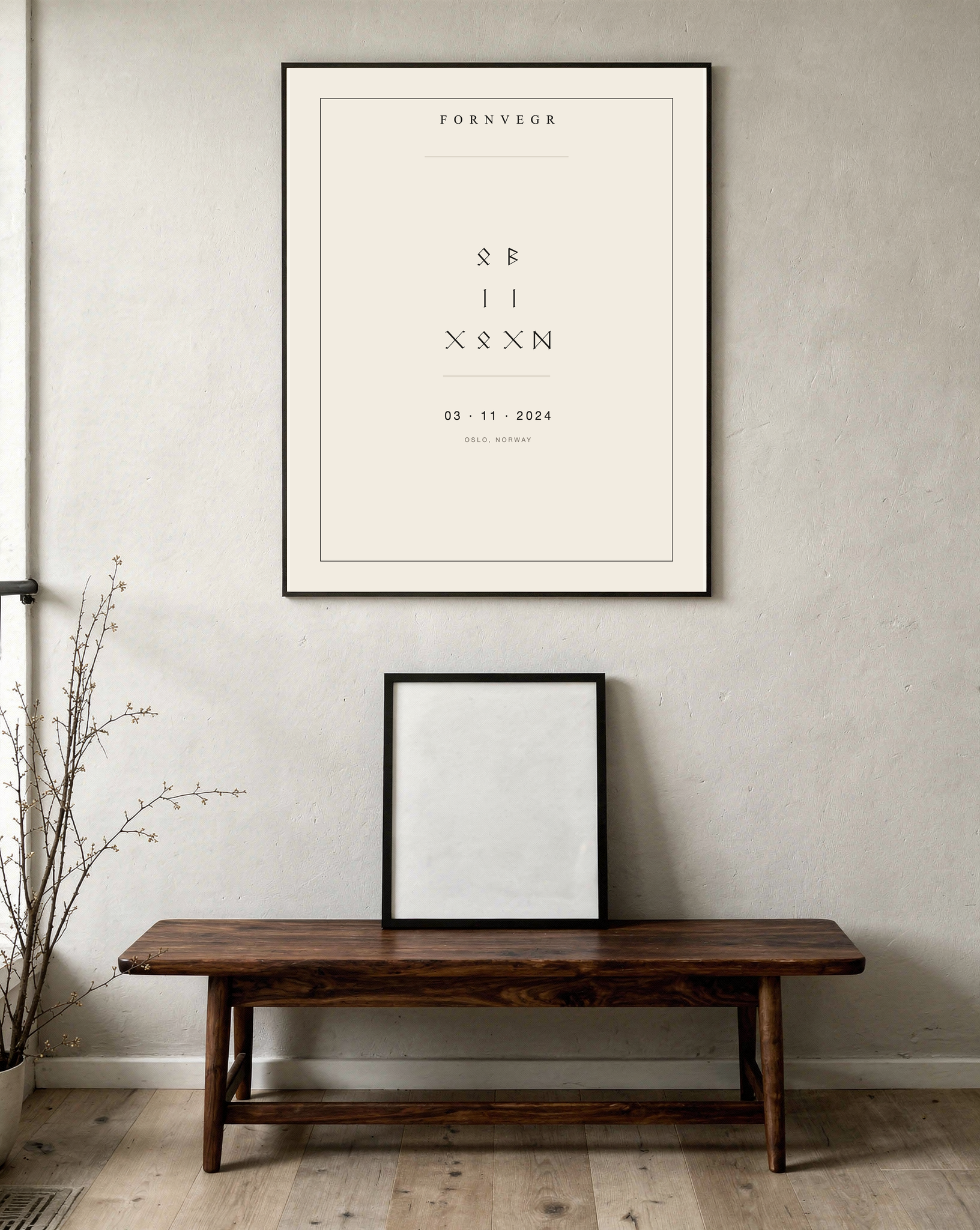 Personalized Runic Birth Marker in a black frame in a hallway setting