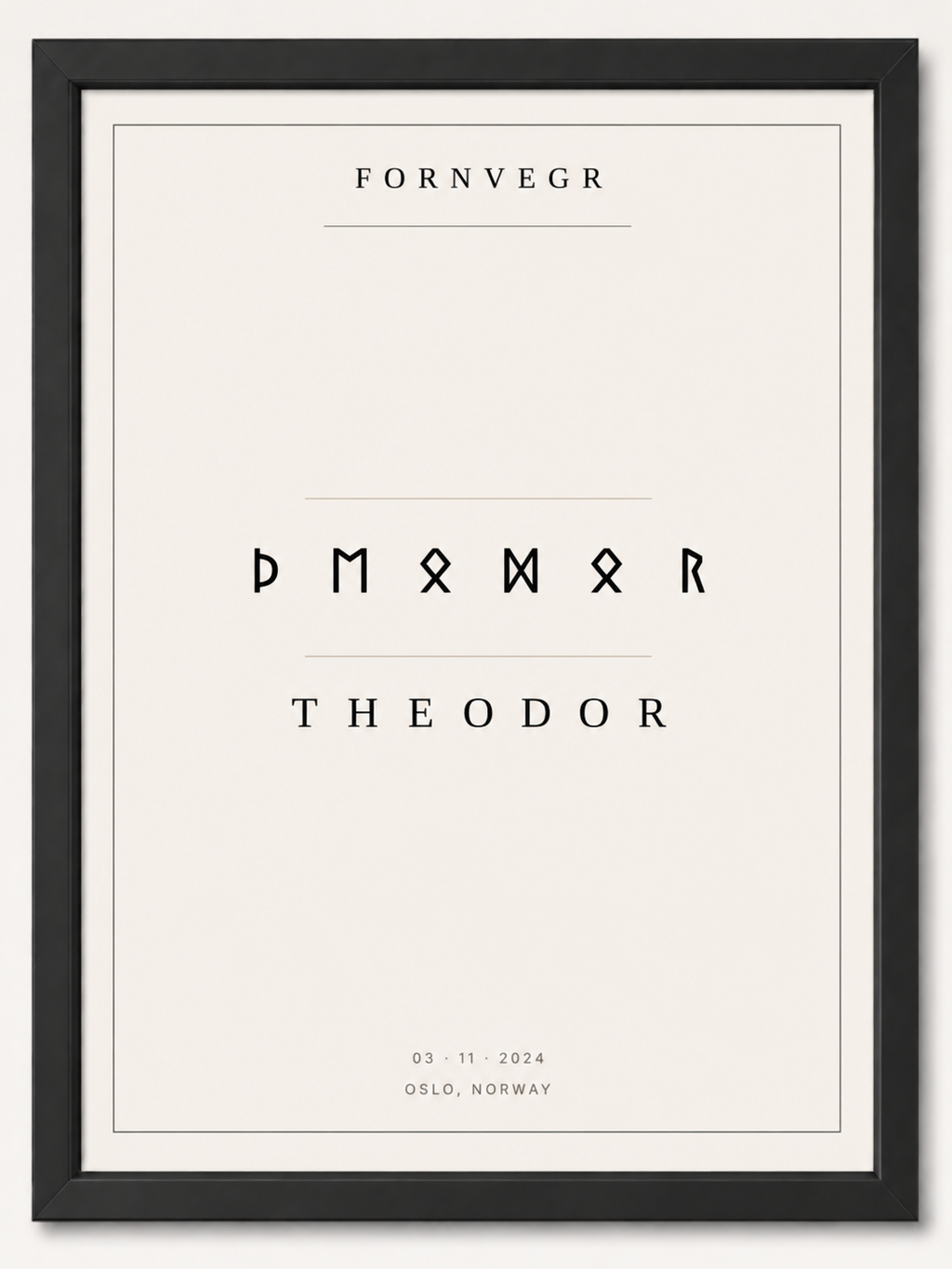 Black framed personalized Elder Futhark name print