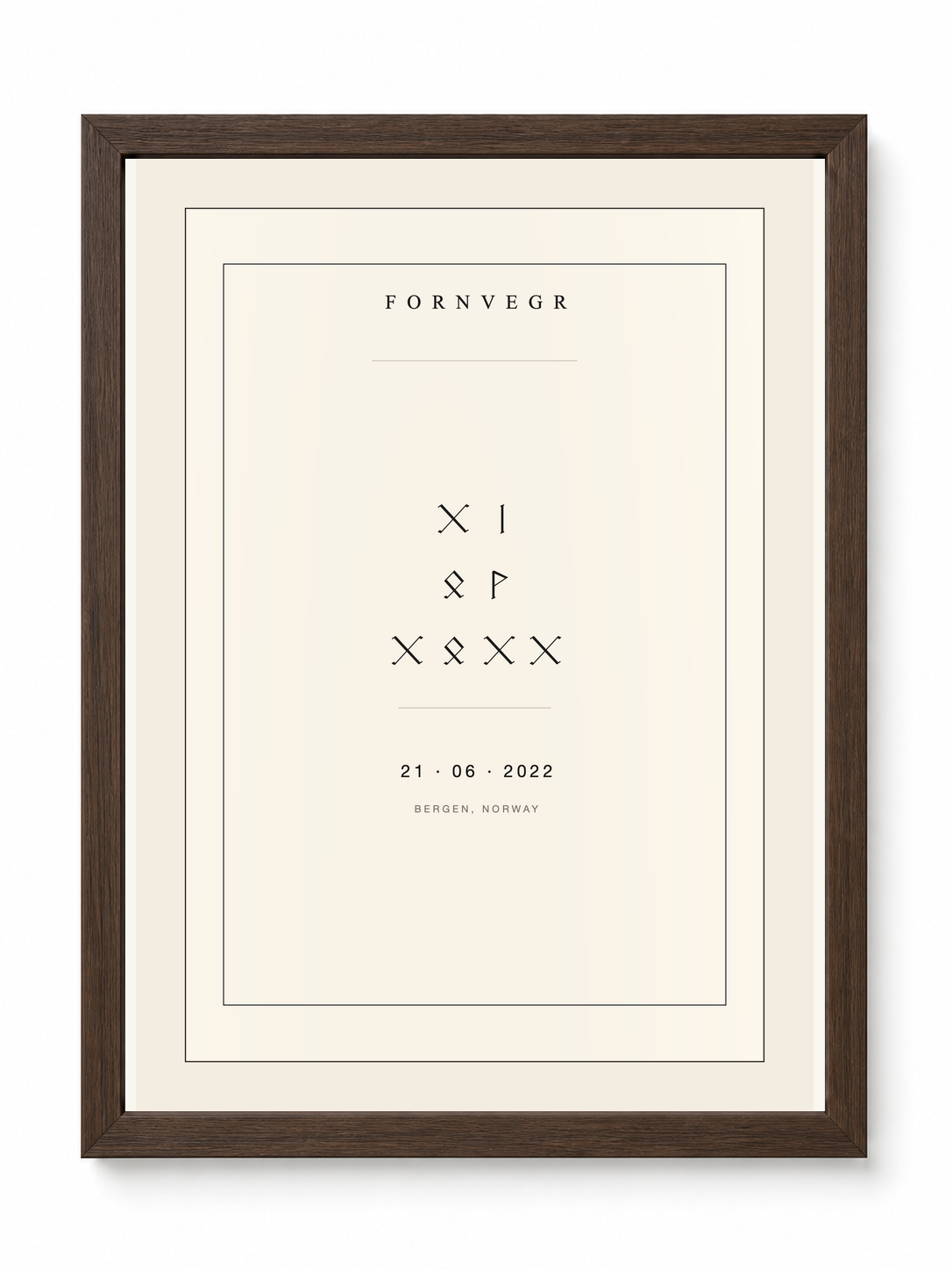 Personalized runic birth marker in a dark wood frame: a birth date in rune digits above the date in numbers and the birthplace