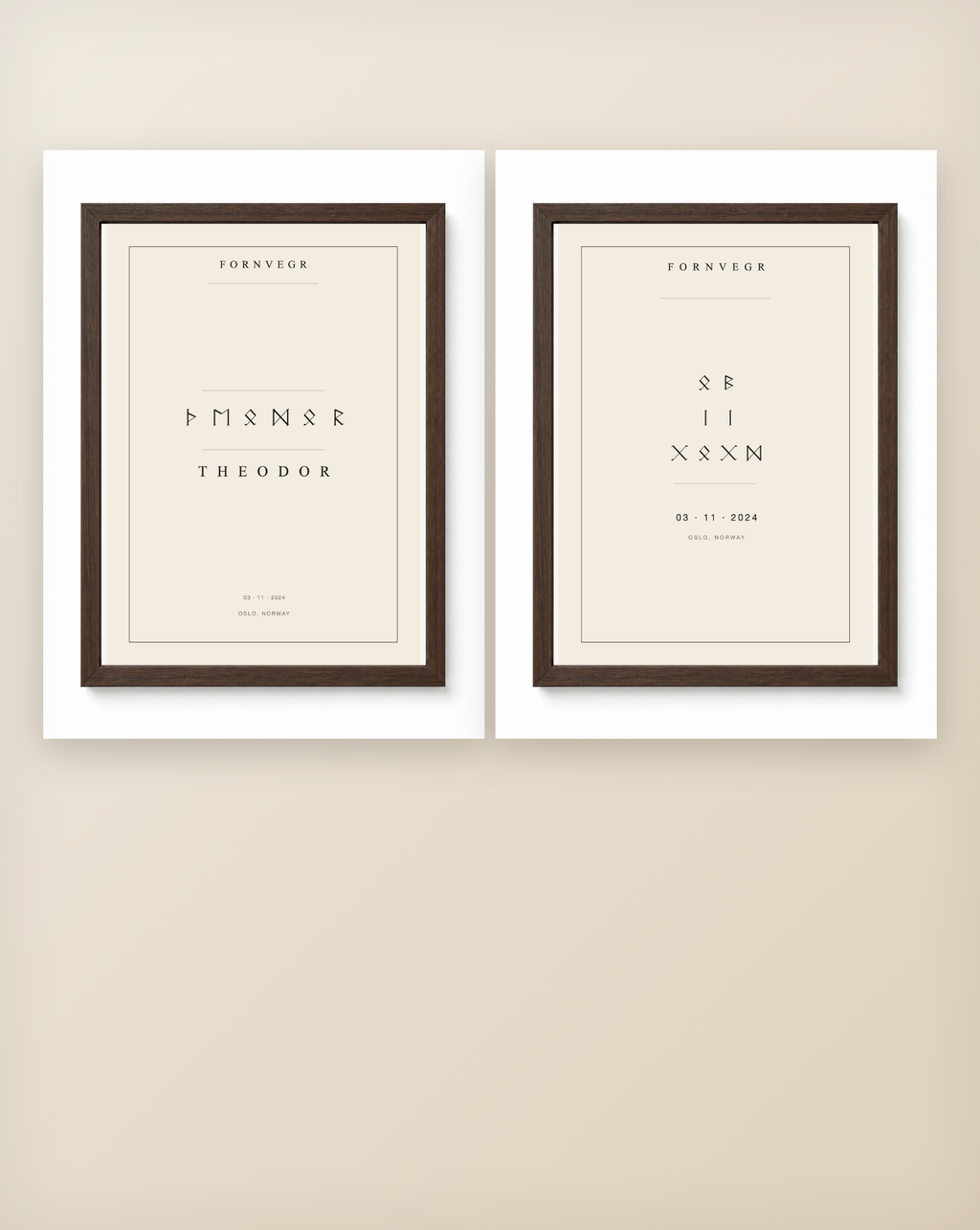 Name Print and Birth Marker Gift Set - clean dark wood framed pair