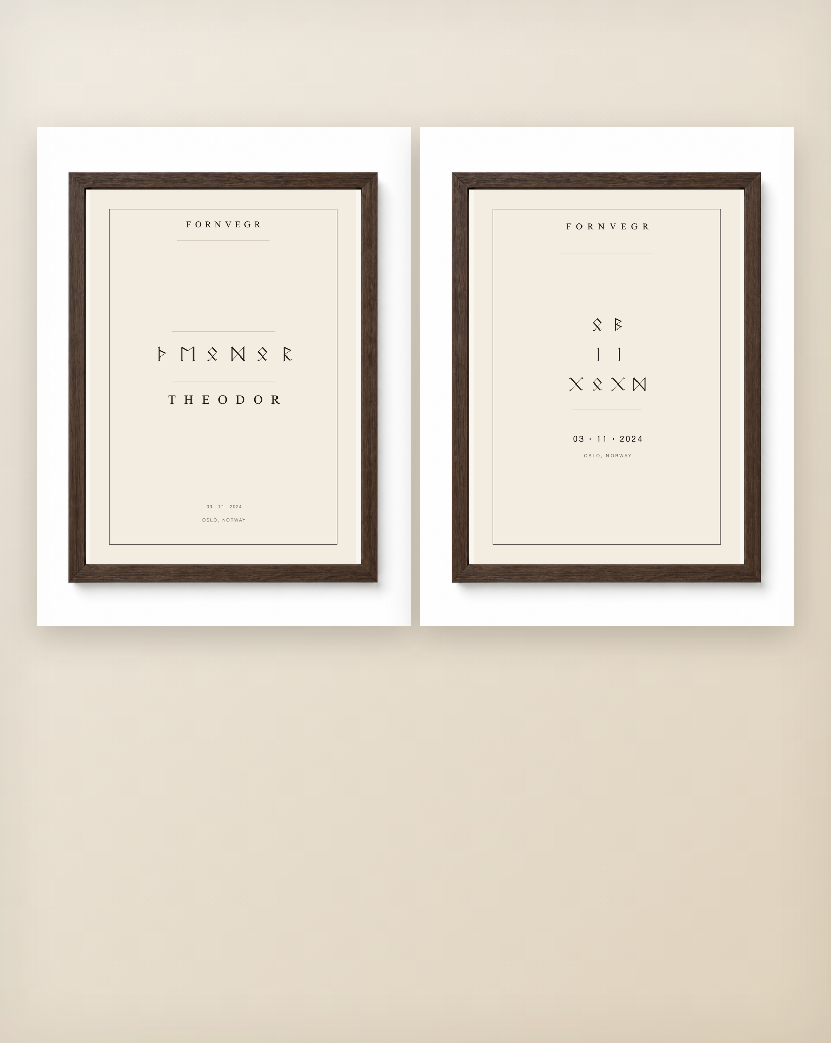 Name Print and Birth Marker Gift Set - clean dark wood framed pair
