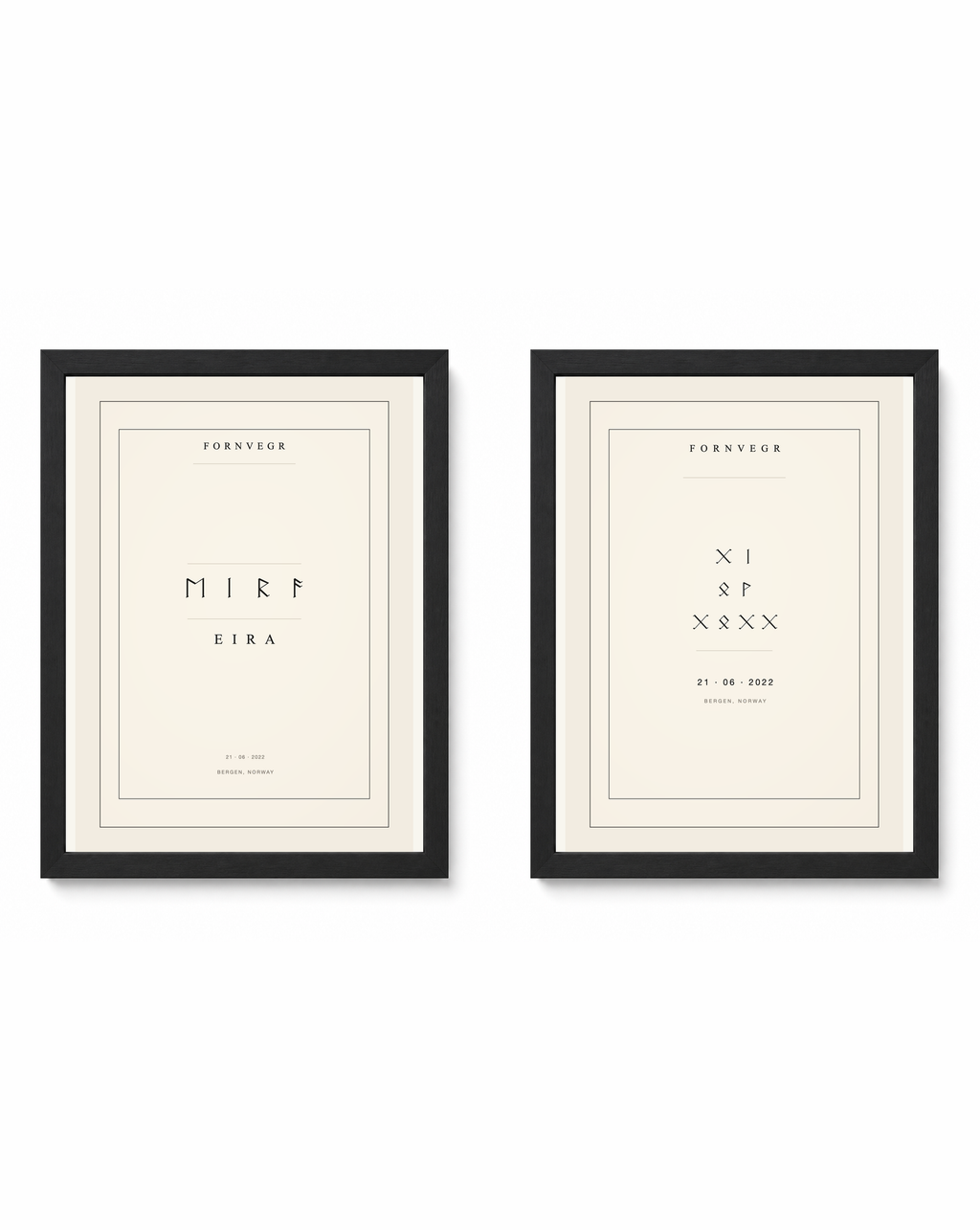 The gift set pair shown in black frames for display: name print and birth marker side by side (frames not included in the set)
