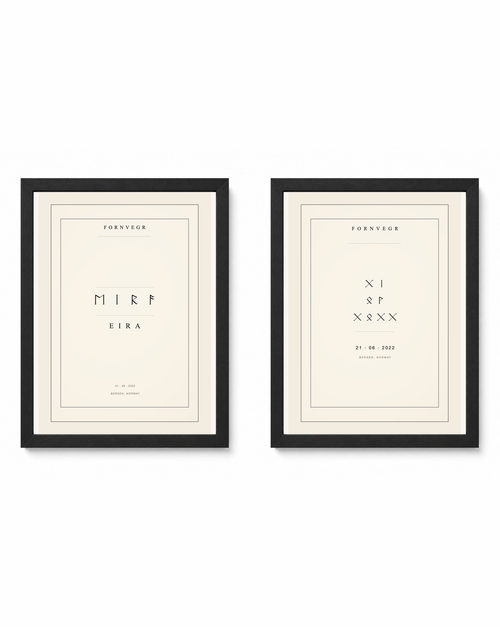 The gift set pair shown in black frames for display: name print and birth marker side by side (frames not included in the set)