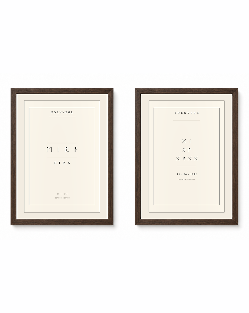 The gift set pair shown in dark wood frames for display: name print and birth marker side by side (frames not included in the set)