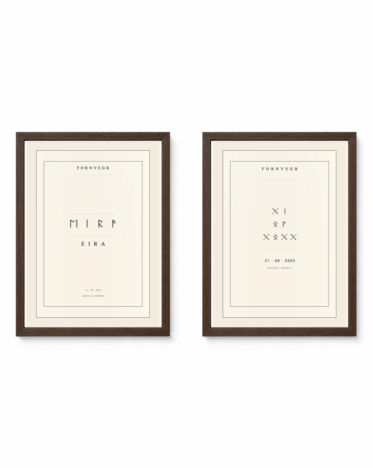 The gift set pair shown in dark wood frames for display: name print and birth marker side by side (frames not included in the set)