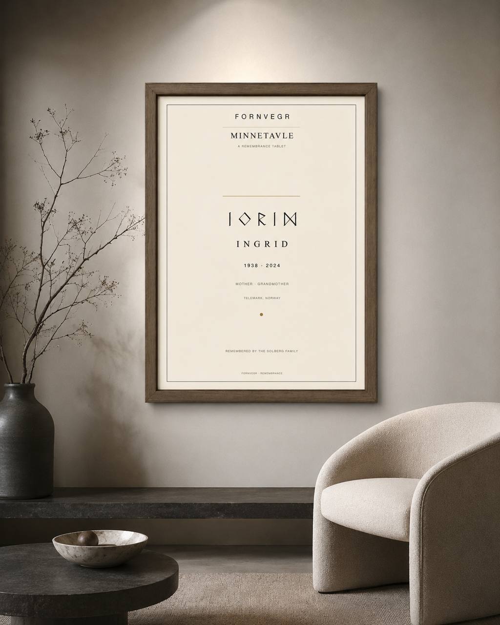 Minnetavle Nordic remembrance tablet displayed in a modern neutral living room