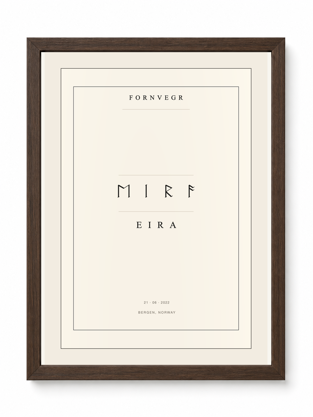 Personalized Elder Futhark name print in a dark wood frame, sample name Eira in runes with a date and place line below