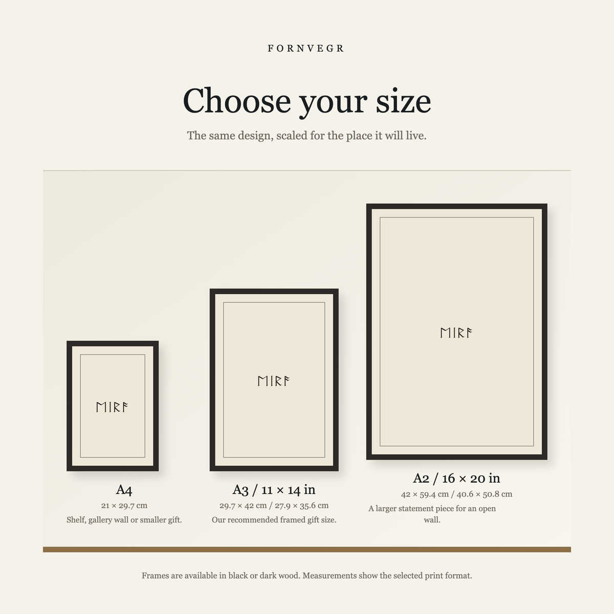 Name print size guide comparing A4, A3 or 11 x 14 inch, and A2 or 16 x 20 inch frames side by side on a wall