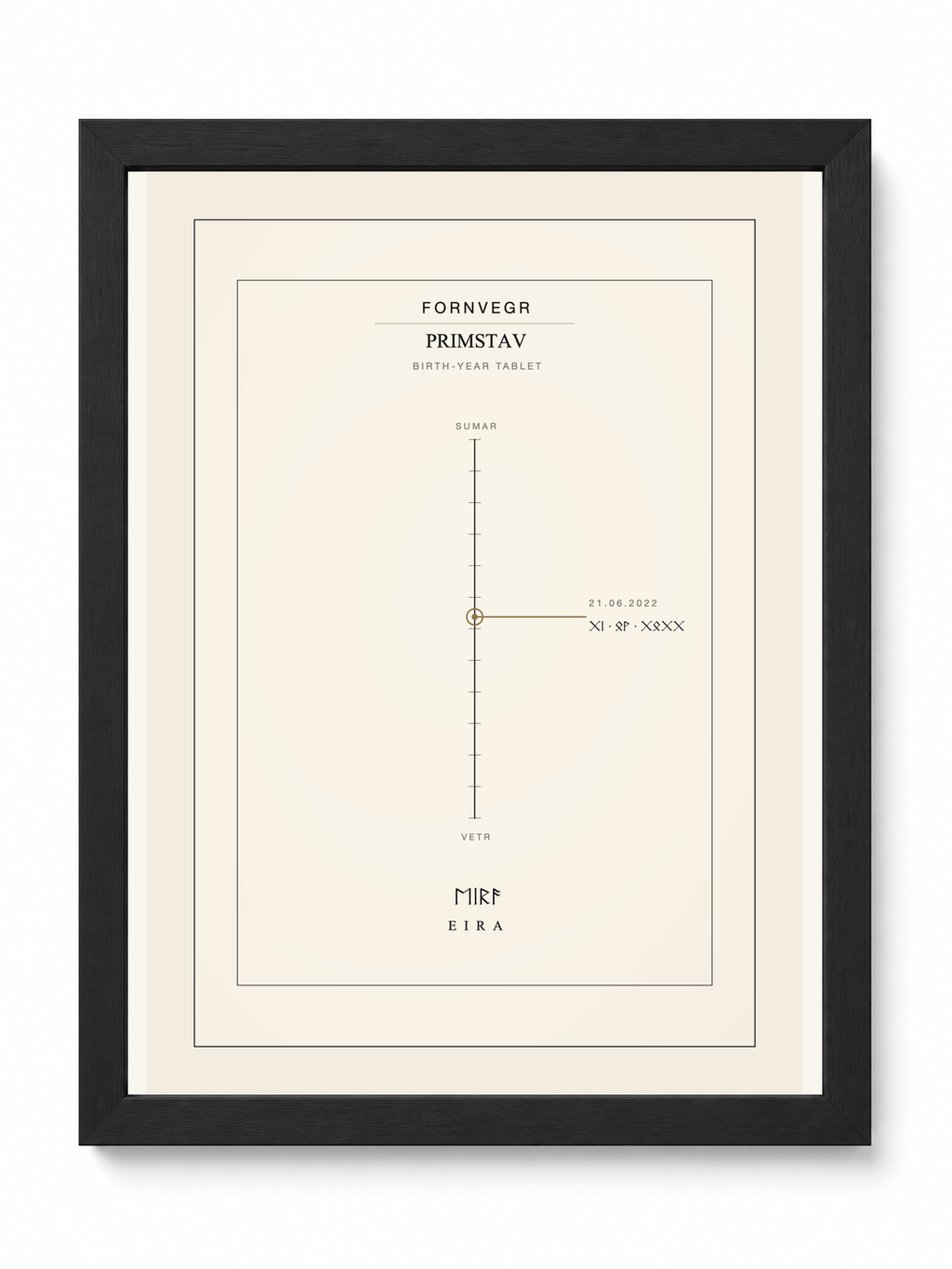 Primstav birth-year tablet in a black frame, a birth date marked on the year line and the name in Elder Futhark runes