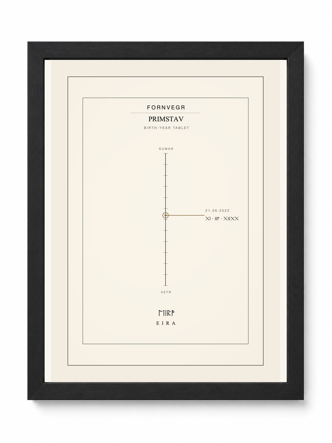 Primstav birth-year tablet in a black frame, a birth date marked on the year line and the name in Elder Futhark runes