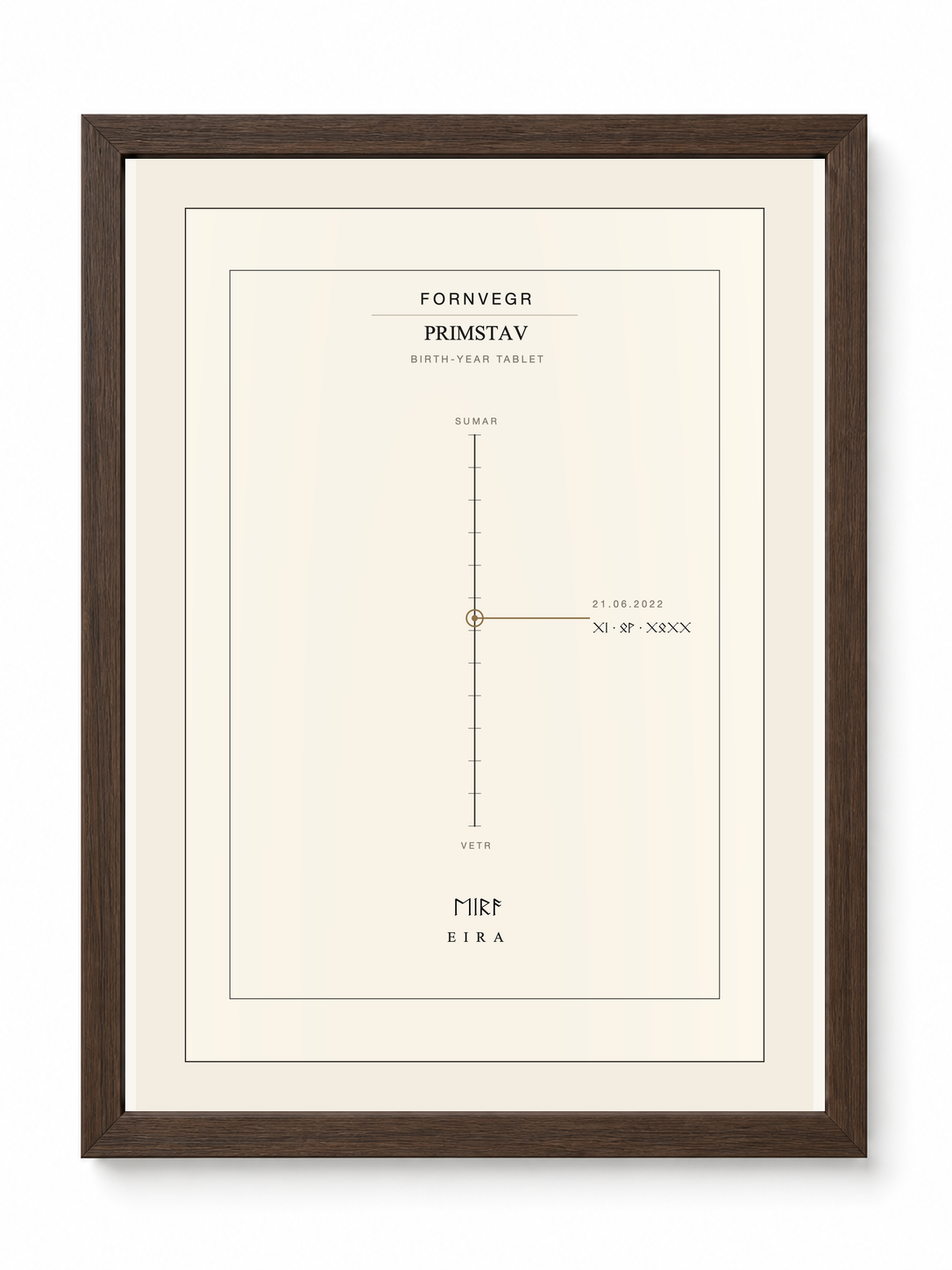 Primstav birth-year tablet in a dark wood frame, a birth date marked on the year line and the name in Elder Futhark runes