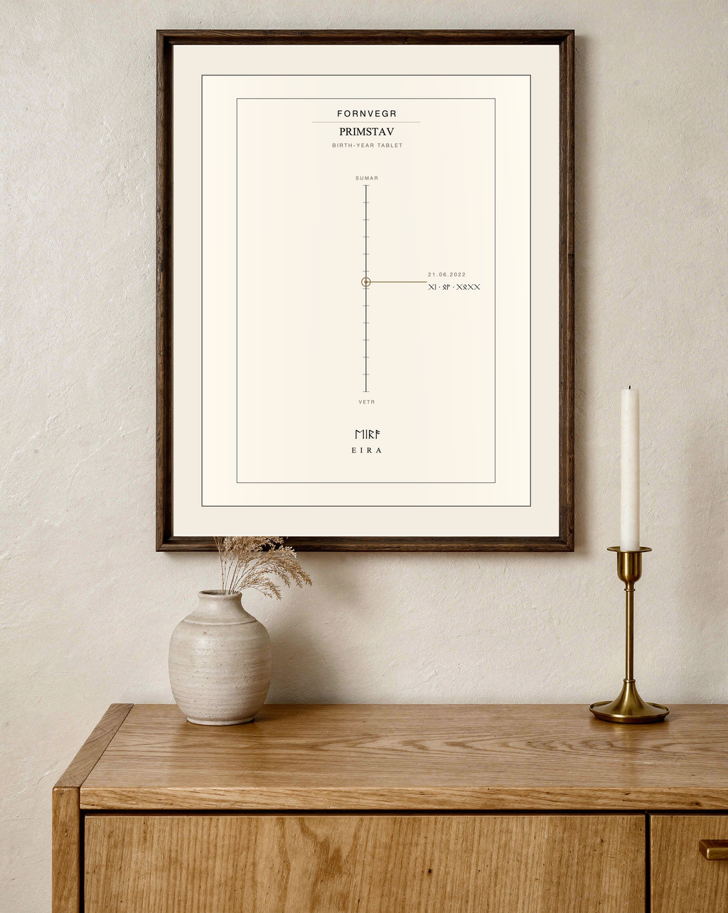 Primstav birth-year print in a dark wood frame above an oak sideboard: a birth date marked on a vertical year line, name Eira below
