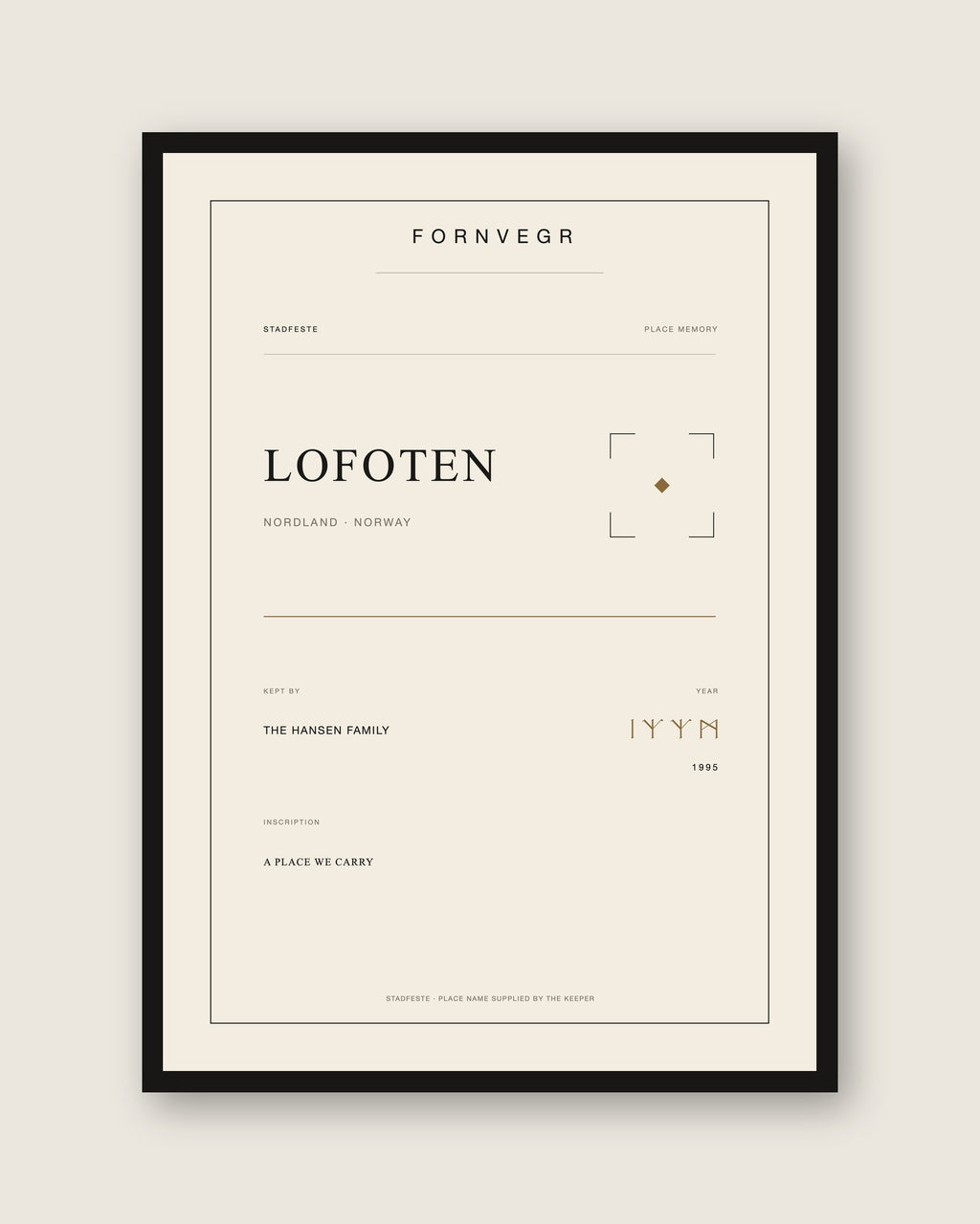 Stadfeste personalized Nordic place tablet in a black wood frame