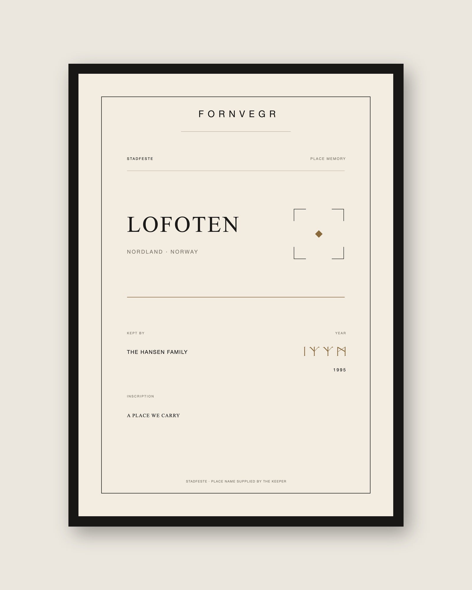 Stadfeste personalized Nordic place tablet in a black wood frame