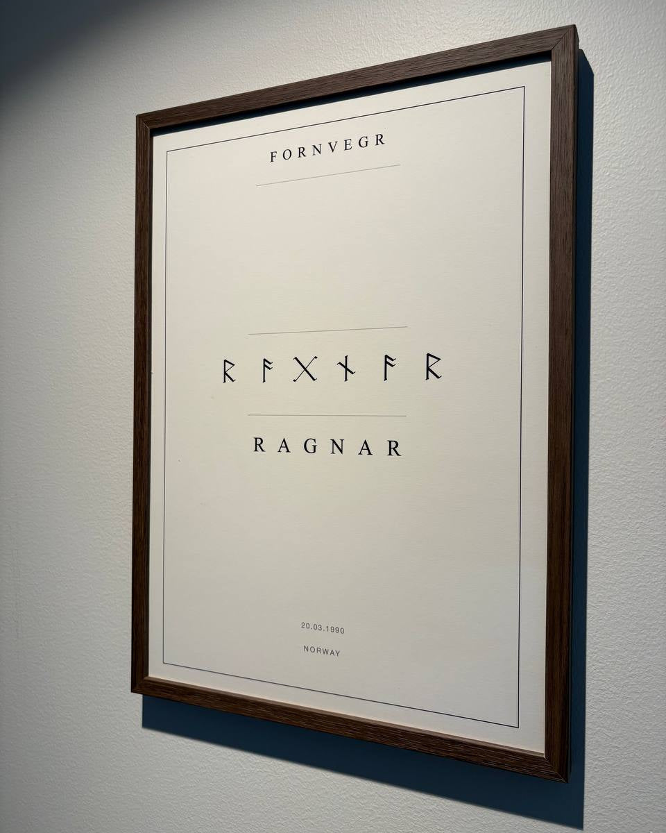 Full framed Elder Futhark Name Print hanging on a white wall.